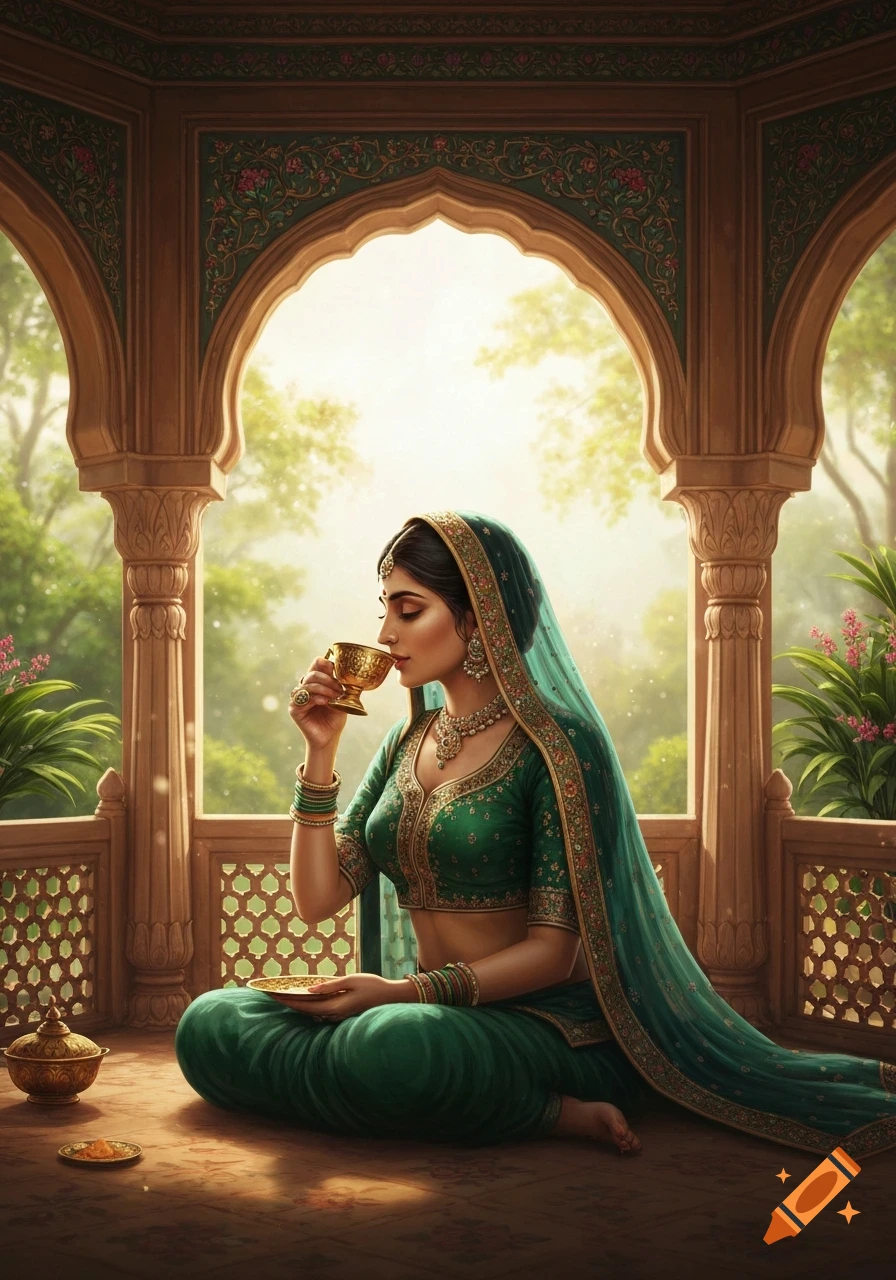 A beautiful lady in traditional green Indian attire drinks tea from a golden cup, seated cross-legged in a Mughal-style archway overlooking a lush garden.