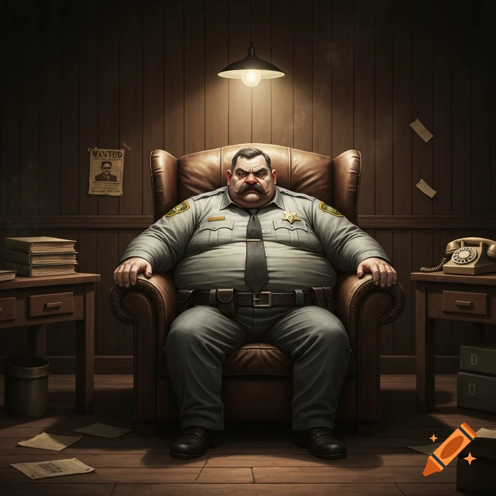A massively obese, gruff sheriff with a mustache sits in a leather armchair in a dimly lit office with a 'Wanted' poster.