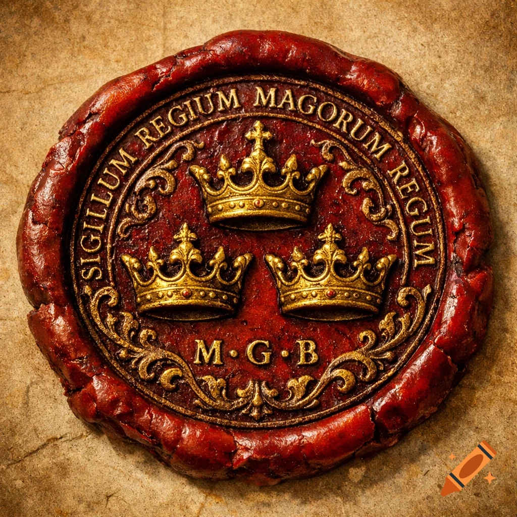 A detailed red and gold medieval wax seal featuring three crowns and Latin text on a vintage parchment background.