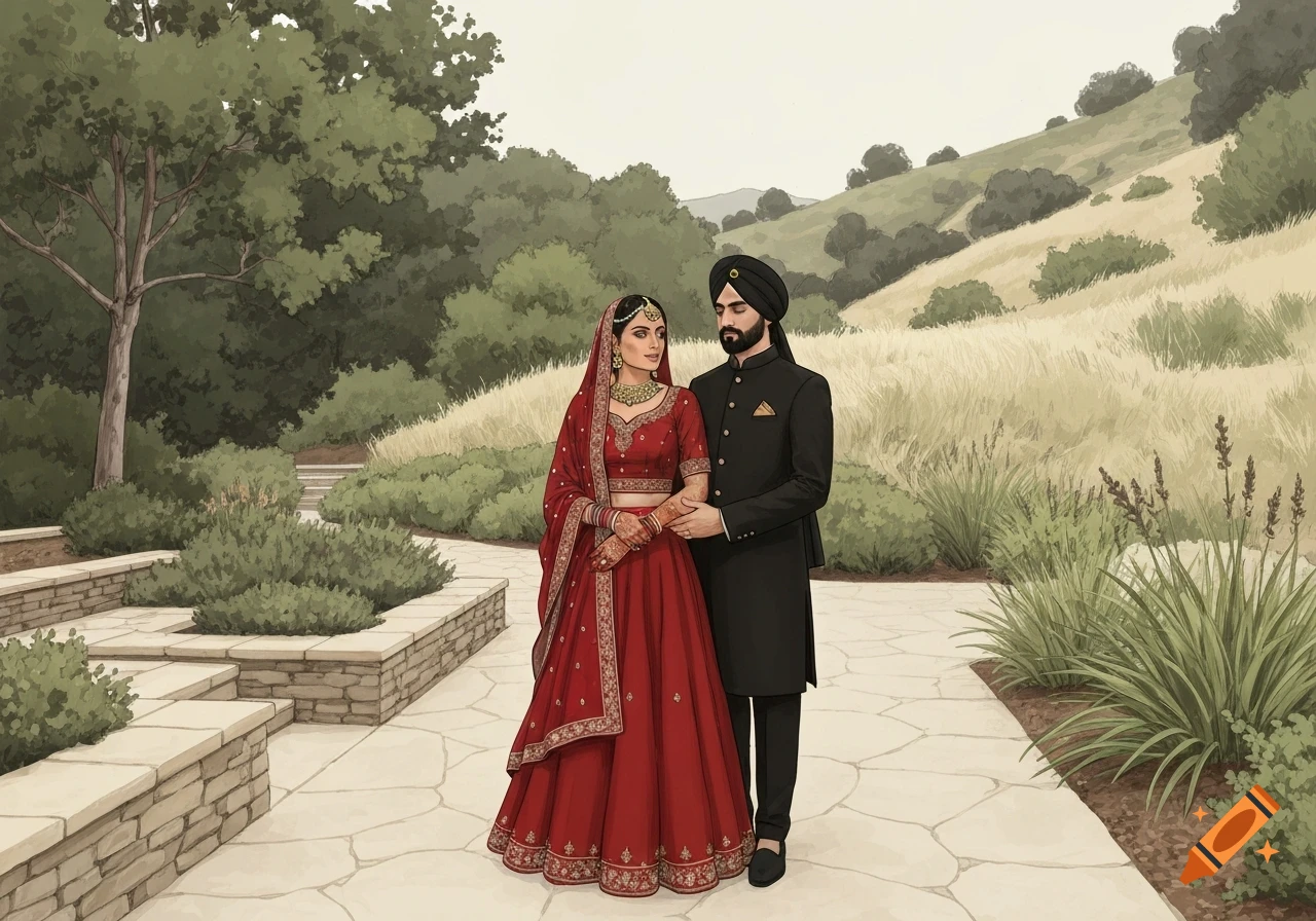 Watercolor illustration of a South Asian bride in a red lehenga and groom in a black sherwani holding hands outdoors.