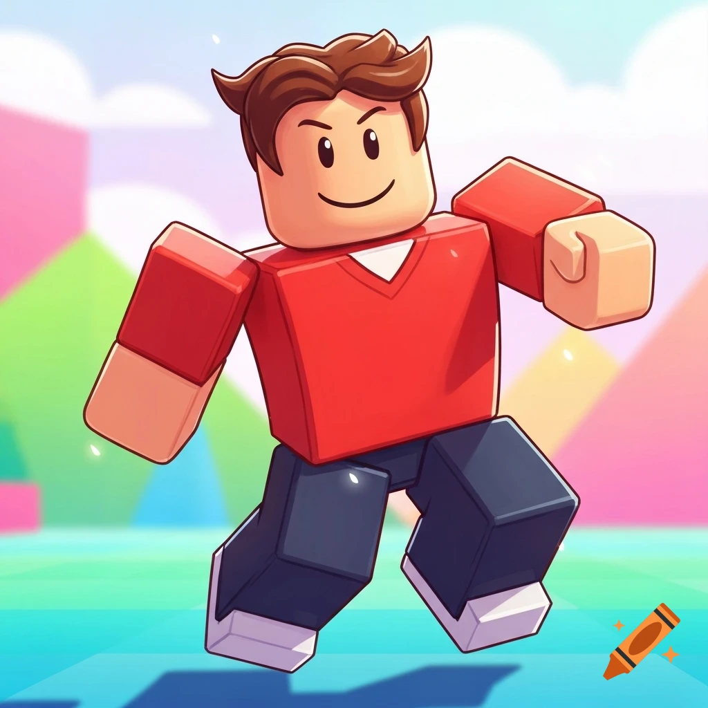 A cartoon Roblox character with brown hair, a red shirt, and dark pants jumps in a vibrant, blocky landscape.