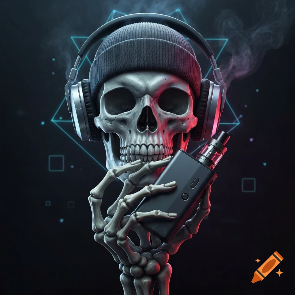A stylized skull wearing a beanie and headphones, holding a vape device in a skeletal hand against a dark, smoky, geometric background.