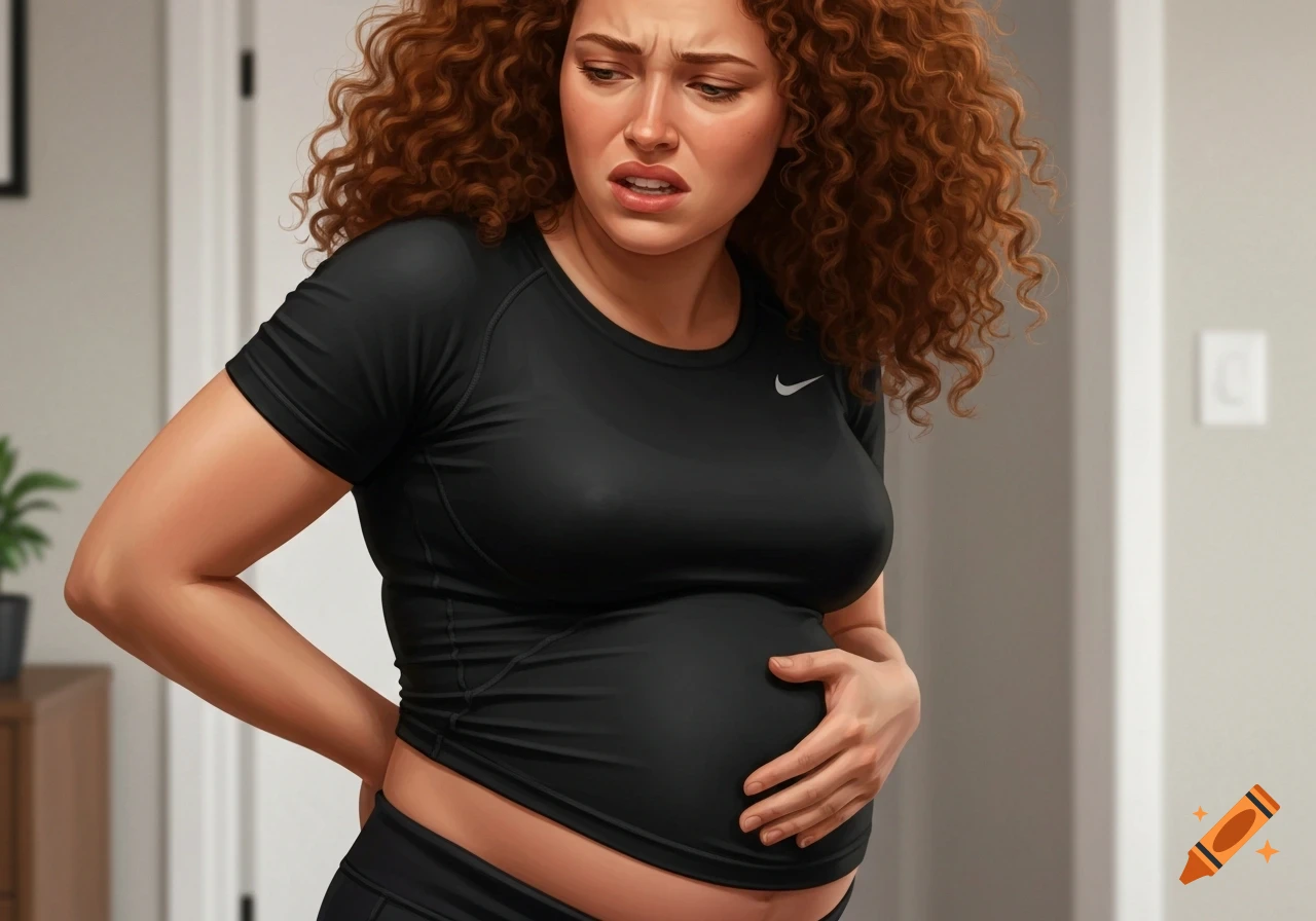 A photorealistic image of a pregnant woman with curly hair wearing a black Nike shirt, holding her belly and back in pain.