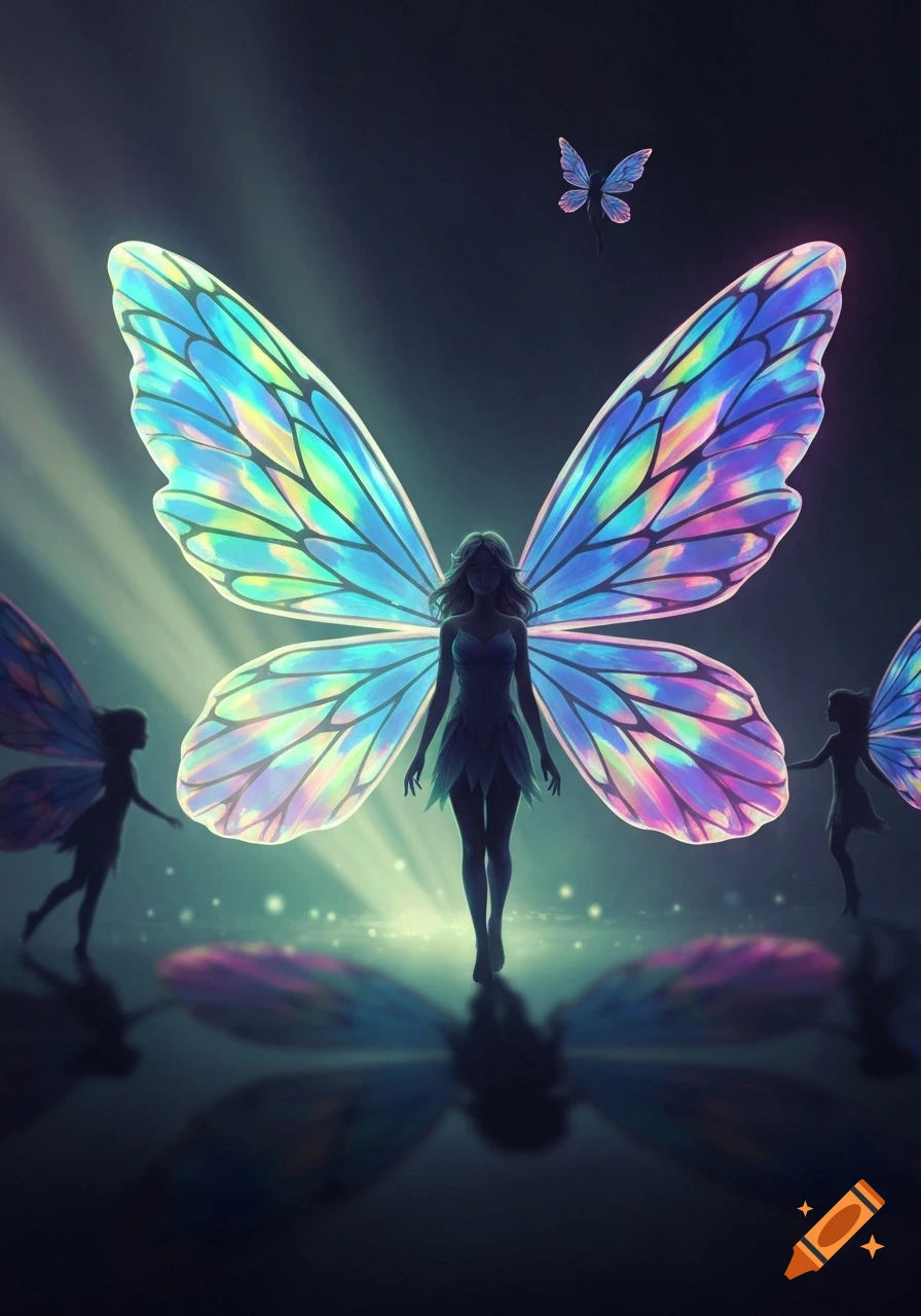 A central fairy with large, glowing iridescent butterfly wings stands in a spotlight, flanked by two silhouetted fairies.
