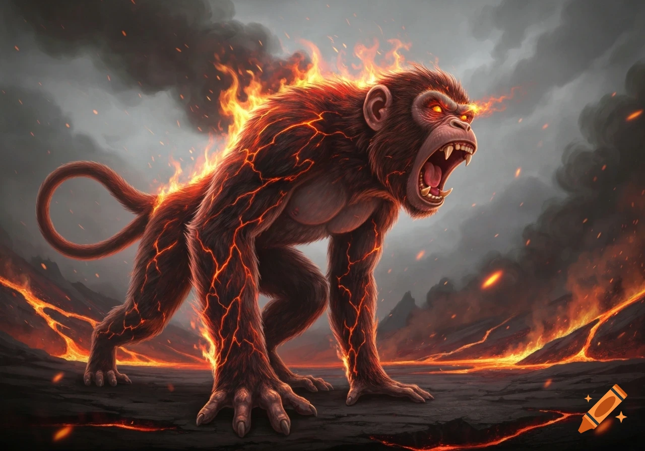 A powerful, angry monkey covered in fire and lava cracks, roaring in a smoky, volcanic landscape.