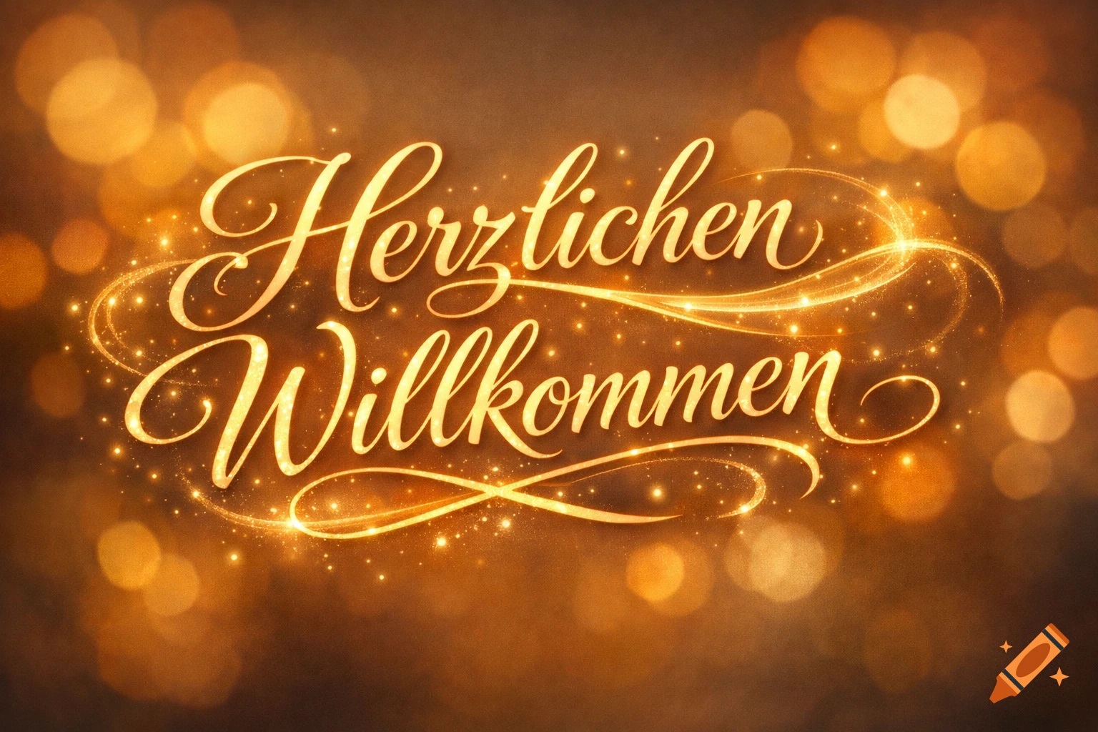 Glowing gold 'Herzlichen Willkommen' (Heartfelt Welcome) text in elegant script with glittering particles and bokeh lights.