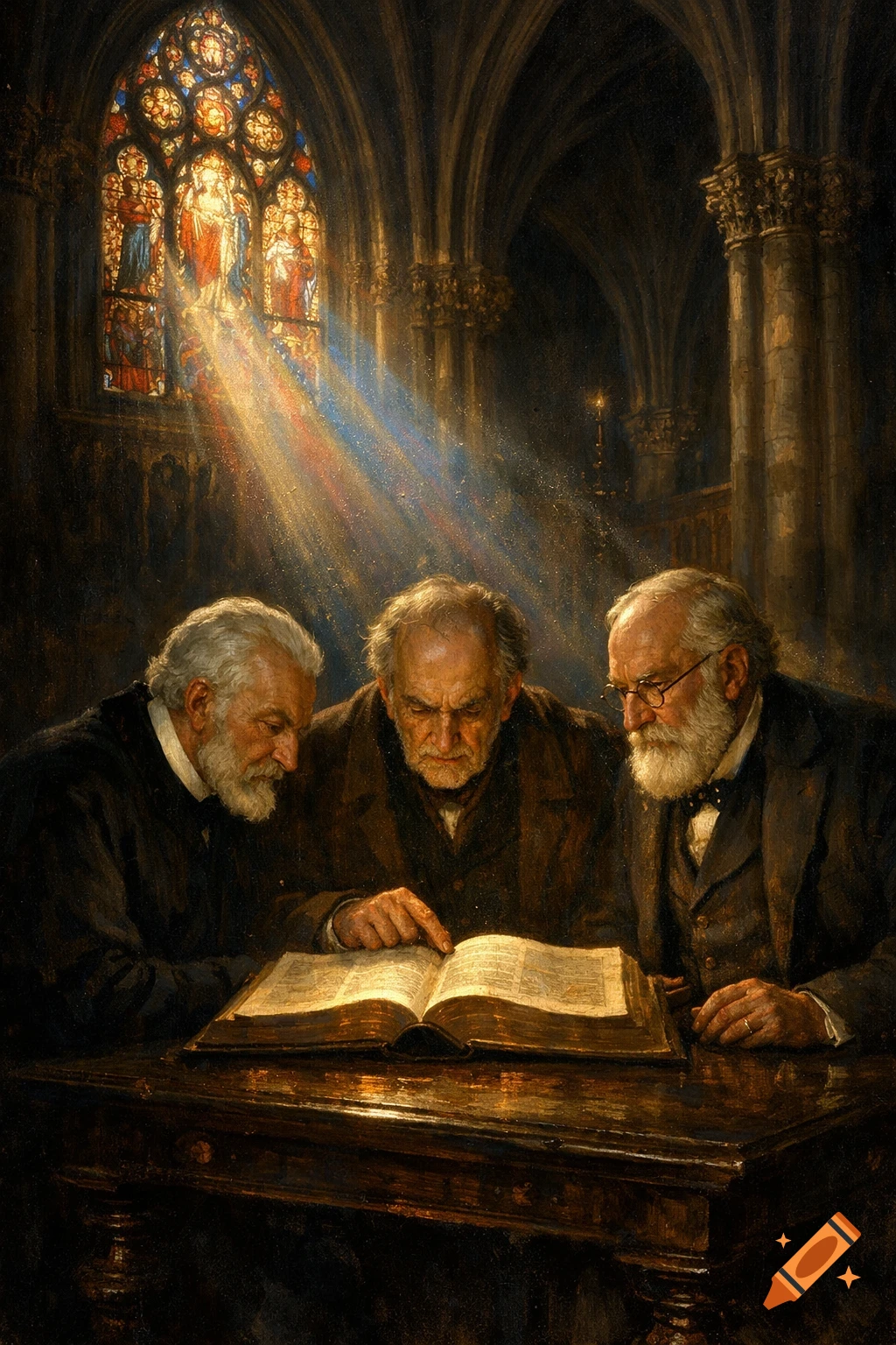 Three old men with beards read an open book at a wooden table in a dimly lit gothic church with stained glass windows.
