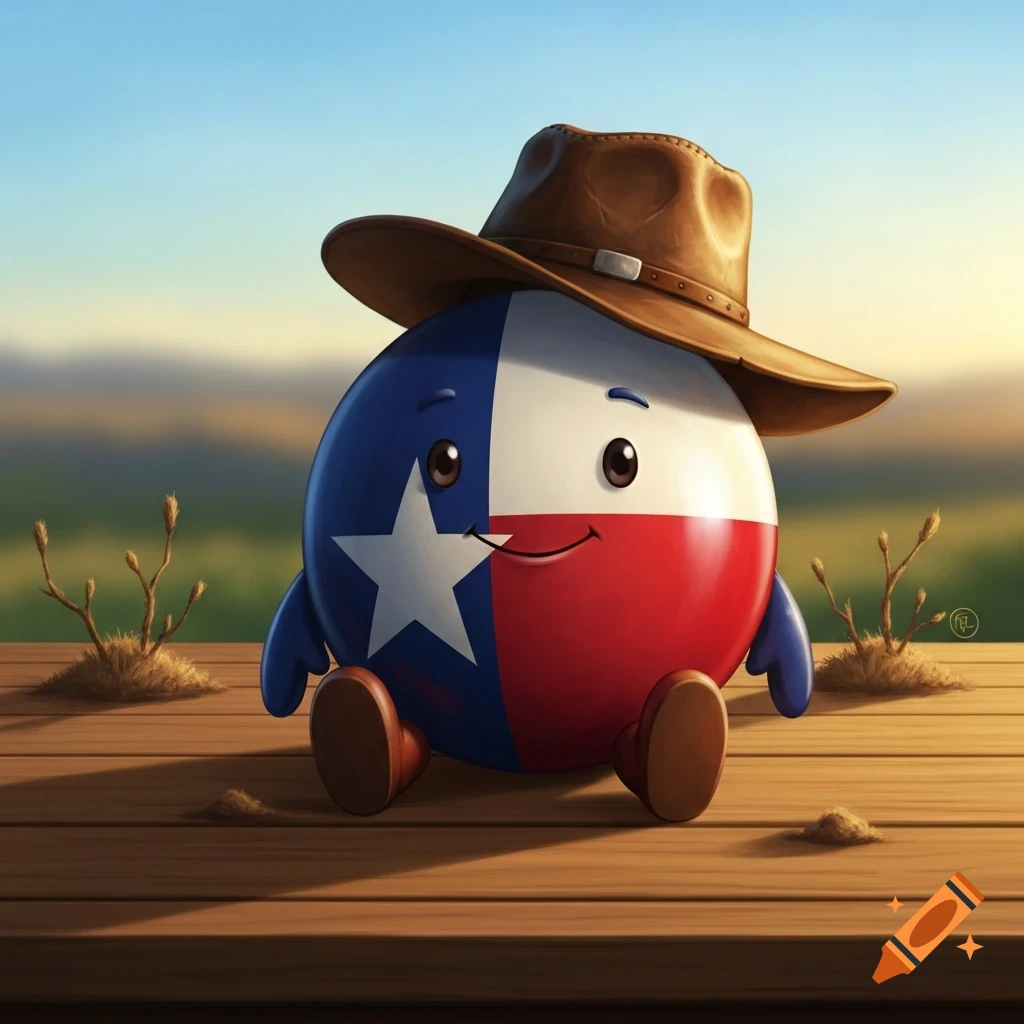 A cute, cartoon character shaped like the Texas flag, wearing a cowboy hat and sitting on a wooden deck in a sunny outdoor setting.