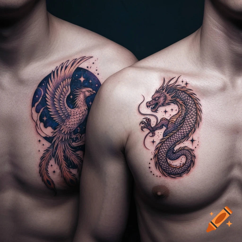 Two male torsos display detailed chest tattoos: a phoenix in a starry circle on the left, and a dragon on the right.