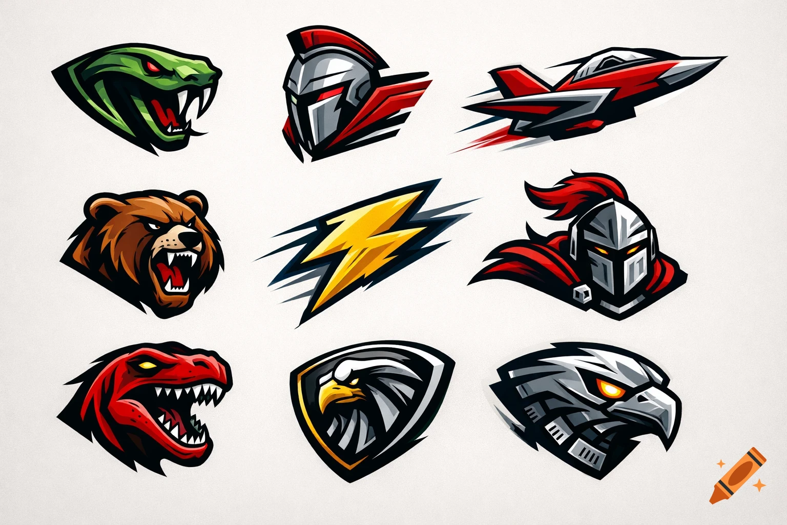 A grid of 9 stylized vector sports logos featuring a snake, bear, dinosaur, eagles, lightning bolt, Spartan helmets, and a jet.