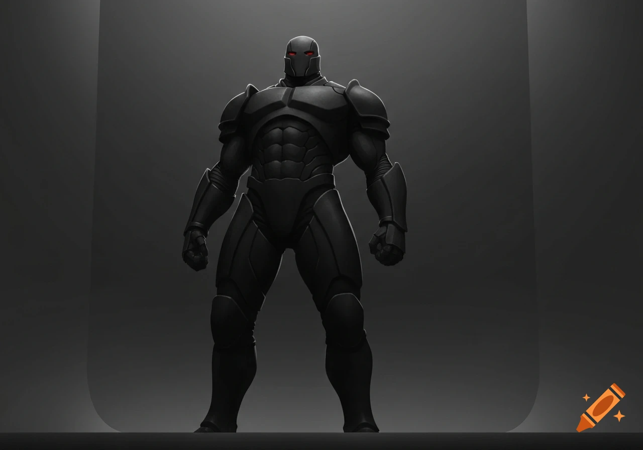 A muscular figure in sleek black armor with glowing red eyes stands in a dark, minimalist setting.