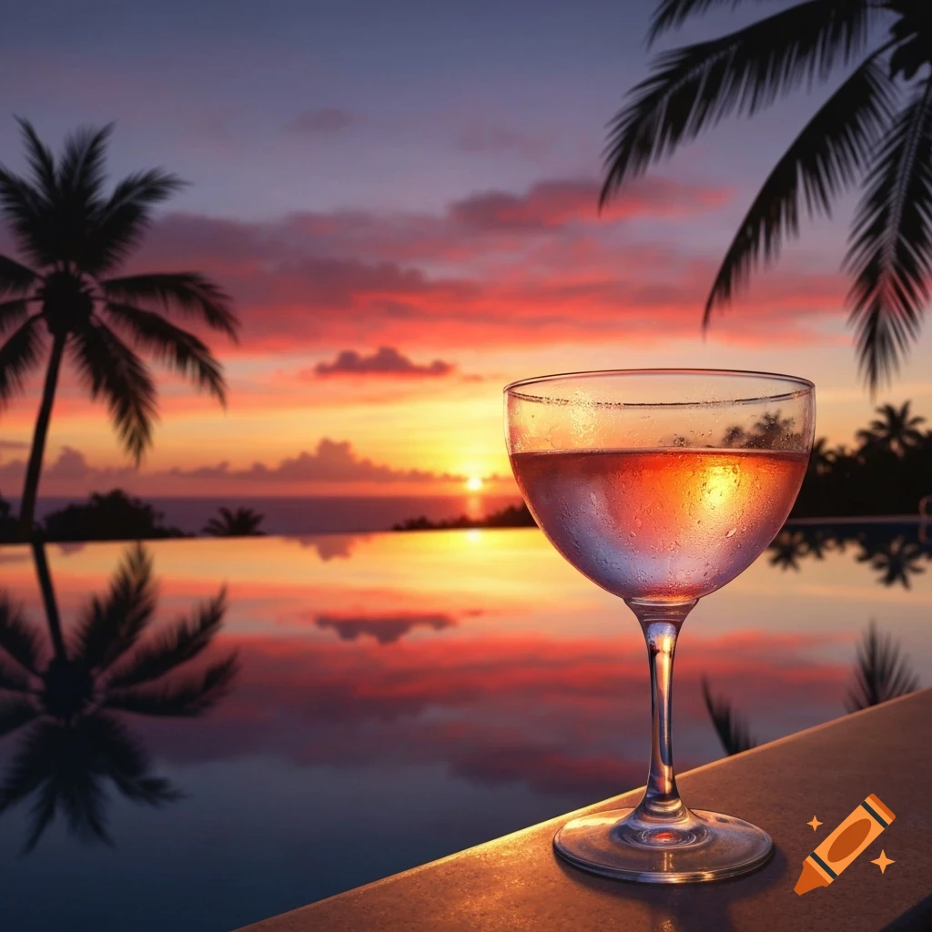 A cocktail glass with a pink drink on the edge of an infinity pool, reflecting a vibrant red and orange sunset with palm trees.