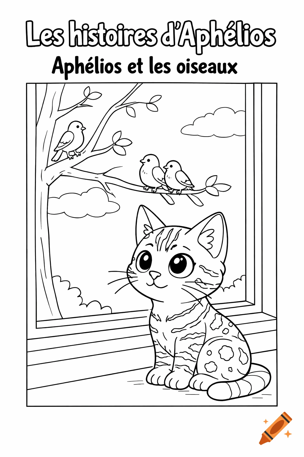 Cartoon coloring page of a cute cat looking out a window at birds in a tree, with text titles.