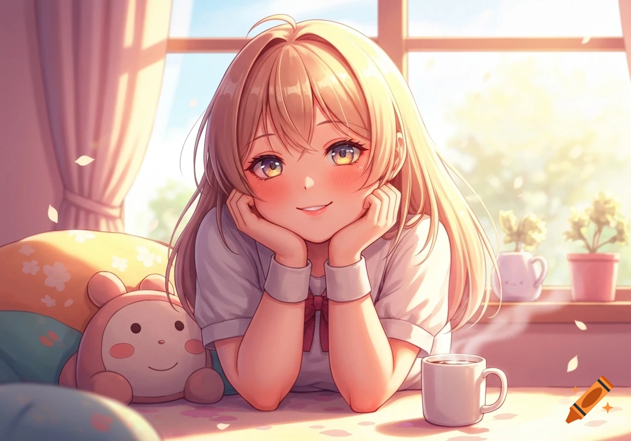 Smiling anime girl with blonde hair, hands under chin, at a sunlit window with a coffee cup and a plush toy.