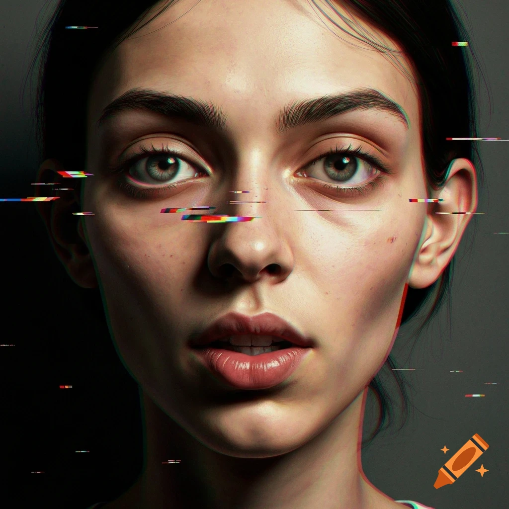 Close-up portrait of a woman with green eyes and brown hair, featuring digital glitch effects across her face.