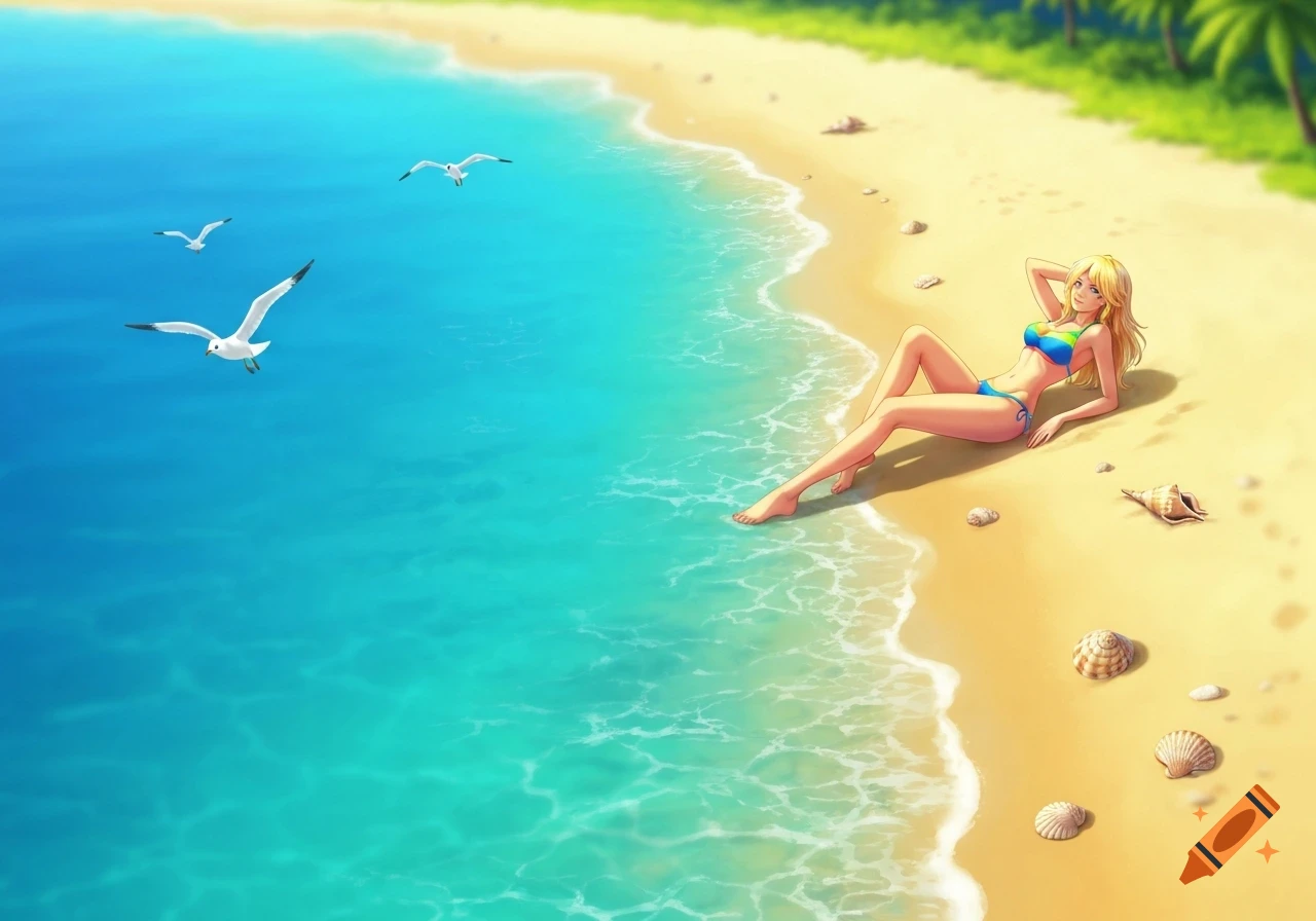 An anime woman in a bikini laying on a sandy beach with seagulls flying over turquoise water and palm trees.