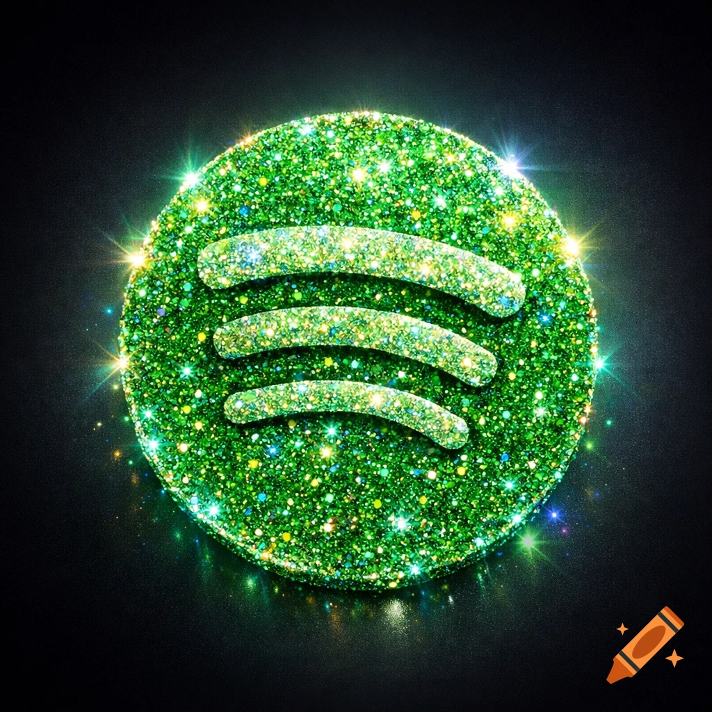 A sparkling green Spotify logo made of iridescent glitter on a dark background, with bright light reflections.