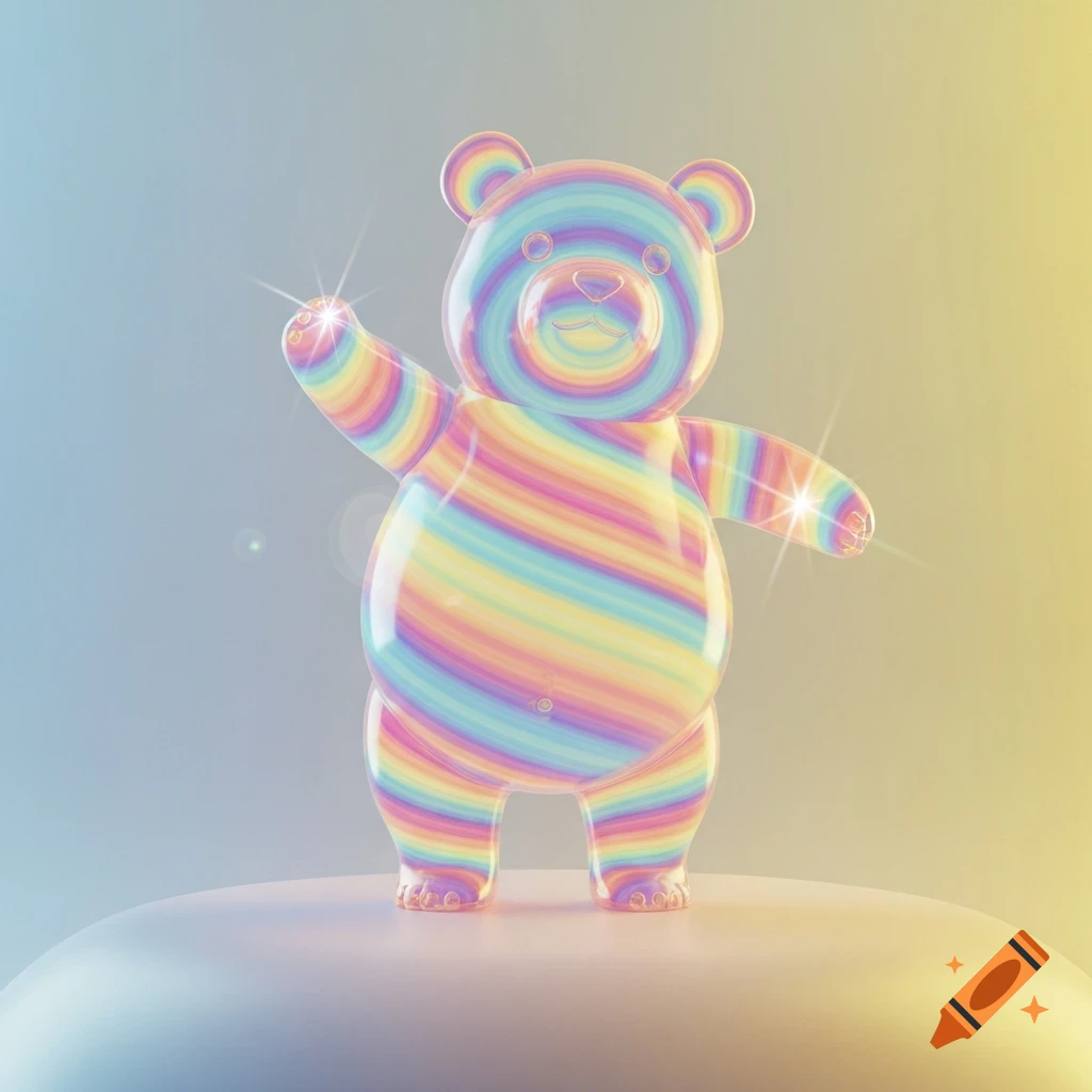 A shiny, plump 3D bear with horizontal rainbow stripes stands on a white platform, sparkling.