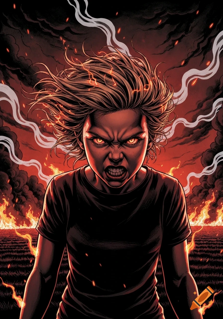 Graphic novel style illustration of an angry young girl with glowing eyes, fiery hair, and a burning field background.