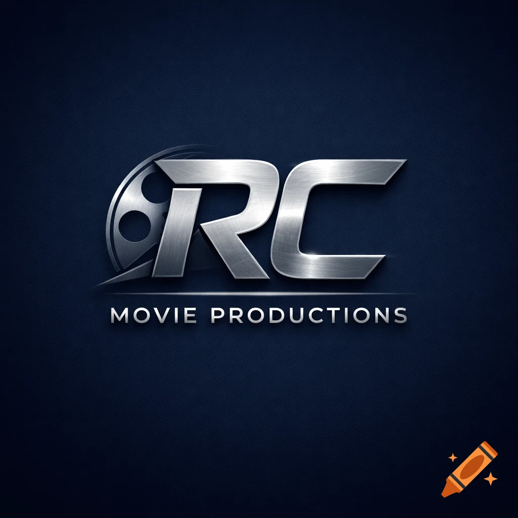 A silver metallic RC logo with a film reel design, and "MOVIE PRODUCTIONS" text below, on a dark blue background.