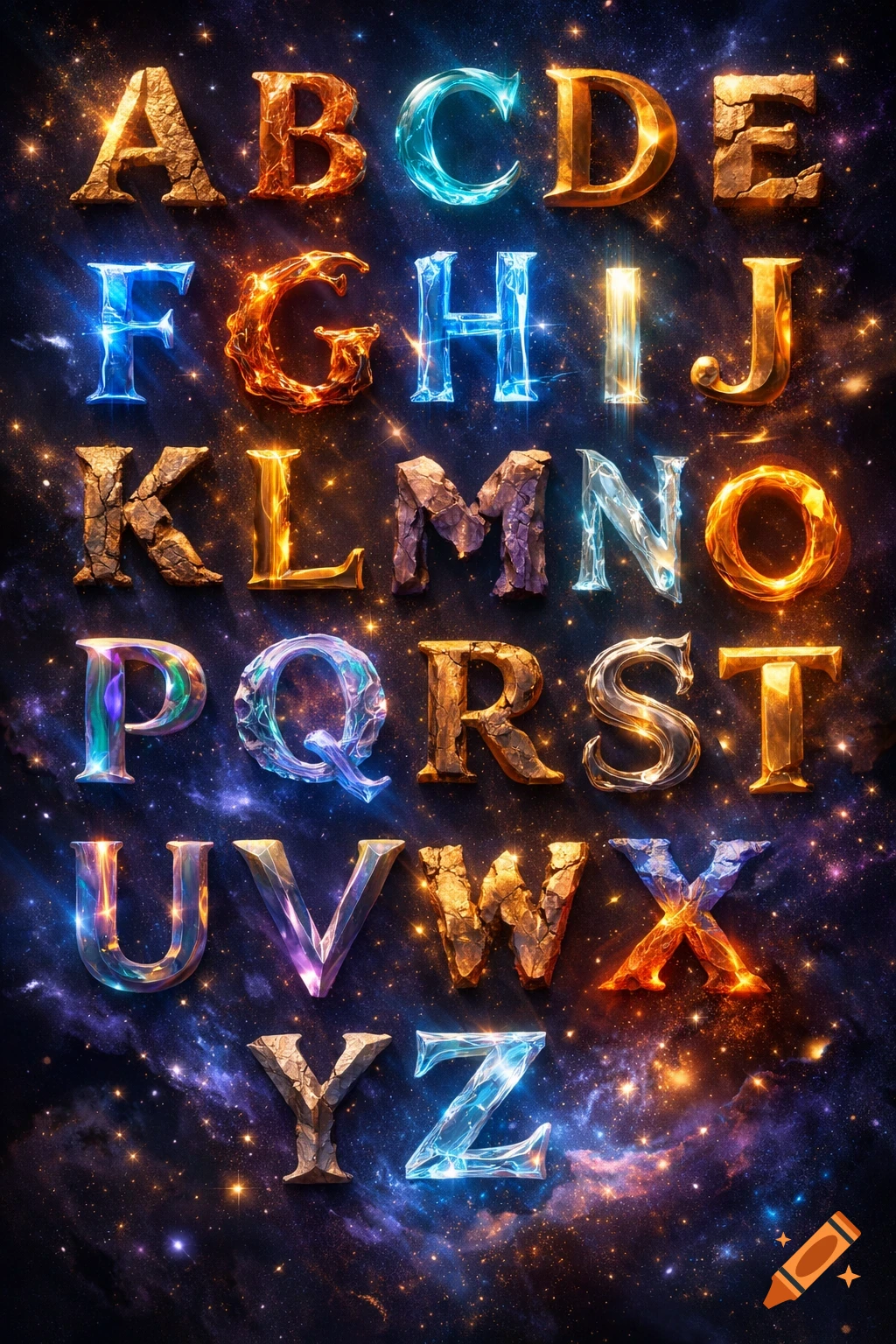 Glowing, textured alphabet letters (A-Z) rendered in various styles on a dark, star-filled cosmic background.