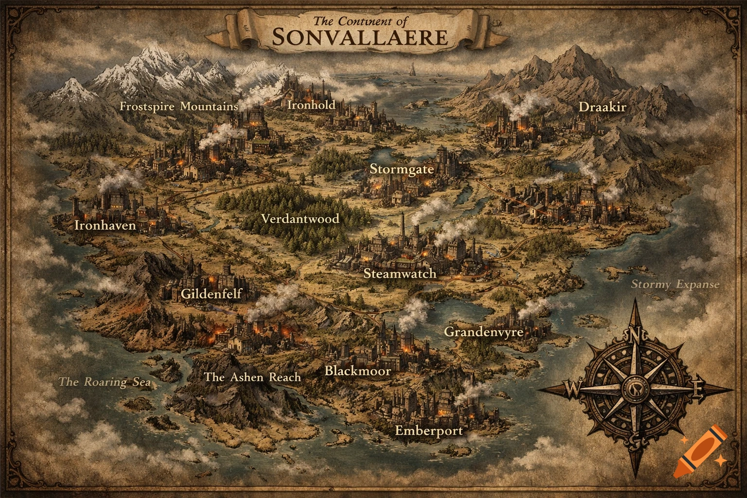 A detailed vintage fantasy map of the continent Sonvallaere, showing industrial cities, mountains, seas, and a compass rose.
