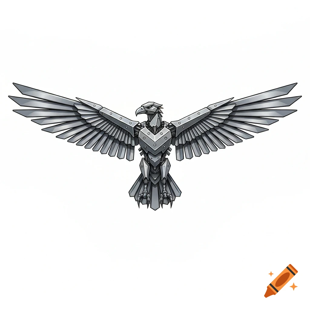 A silver, metallic robot eagle with spread wings, in an illustrative style, against a white background.