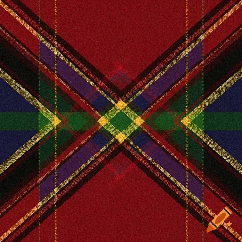 A vibrant Scottish-style tartan pattern in red, black, blue, green, ocher, and yellow, forming an X shape.
