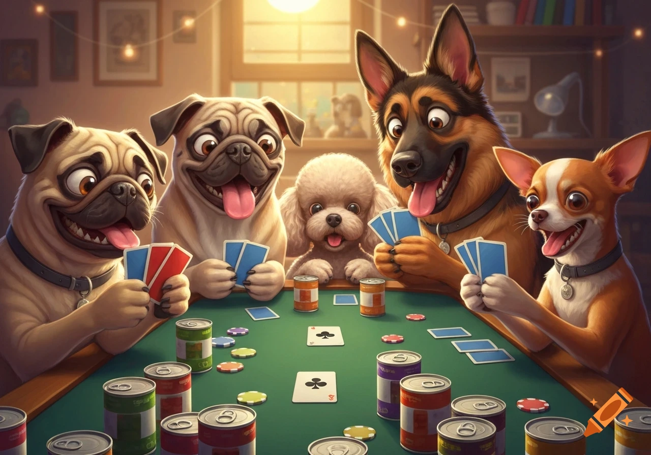 Five cartoon dogs of different breeds, including pugs, a poodle, a German Shepherd, and a chihuahua, enthusiastically play poker using dog food cans as chips on a green table.