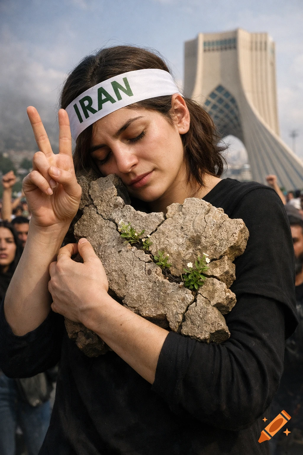 A woman with a headband reading 'IRAN' makes a peace sign while hugging a cracked stone, with Azadi Tower and a crowd in the background.