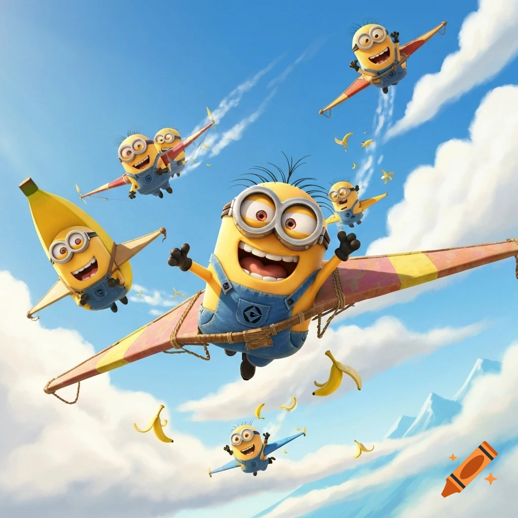 Cheerful animated Minions fly gliders and banana planes through a bright blue sky with scattered clouds.