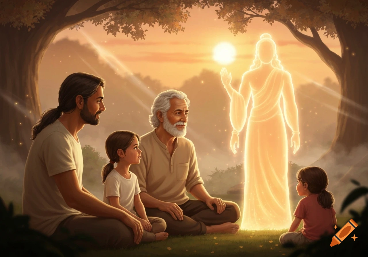 A family sits on grass watching a glowing spiritual figure under a tree at sunset, in an illustrative style.