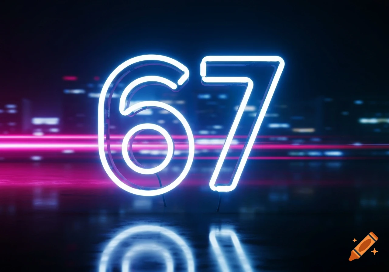 Neon numbers 67 glowing brightly in blue and pink over a blurred cityscape with reflections.