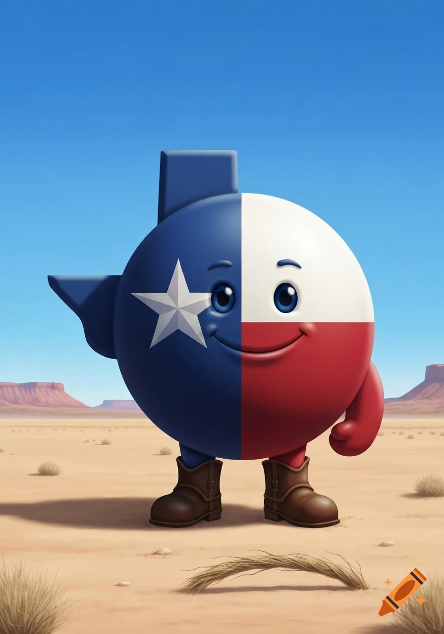 A cartoon character resembling the Texas state outline and flag, with a round body, blue and white face with a star, red side, arms, and brown cowboy boots, stands in a desert.