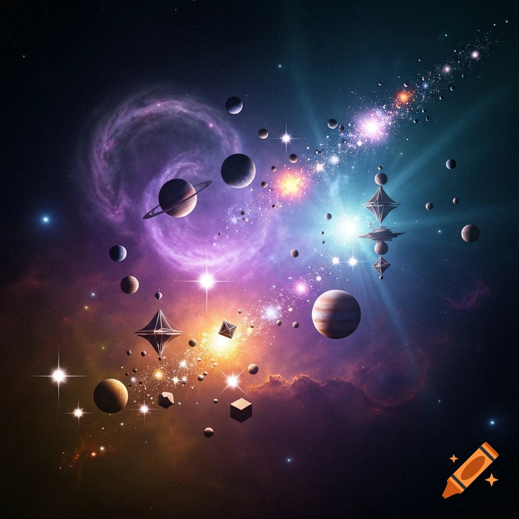 A vibrant cosmic scene with planets, stars, nebulae, and abstract geometric structures floating in colorful space.