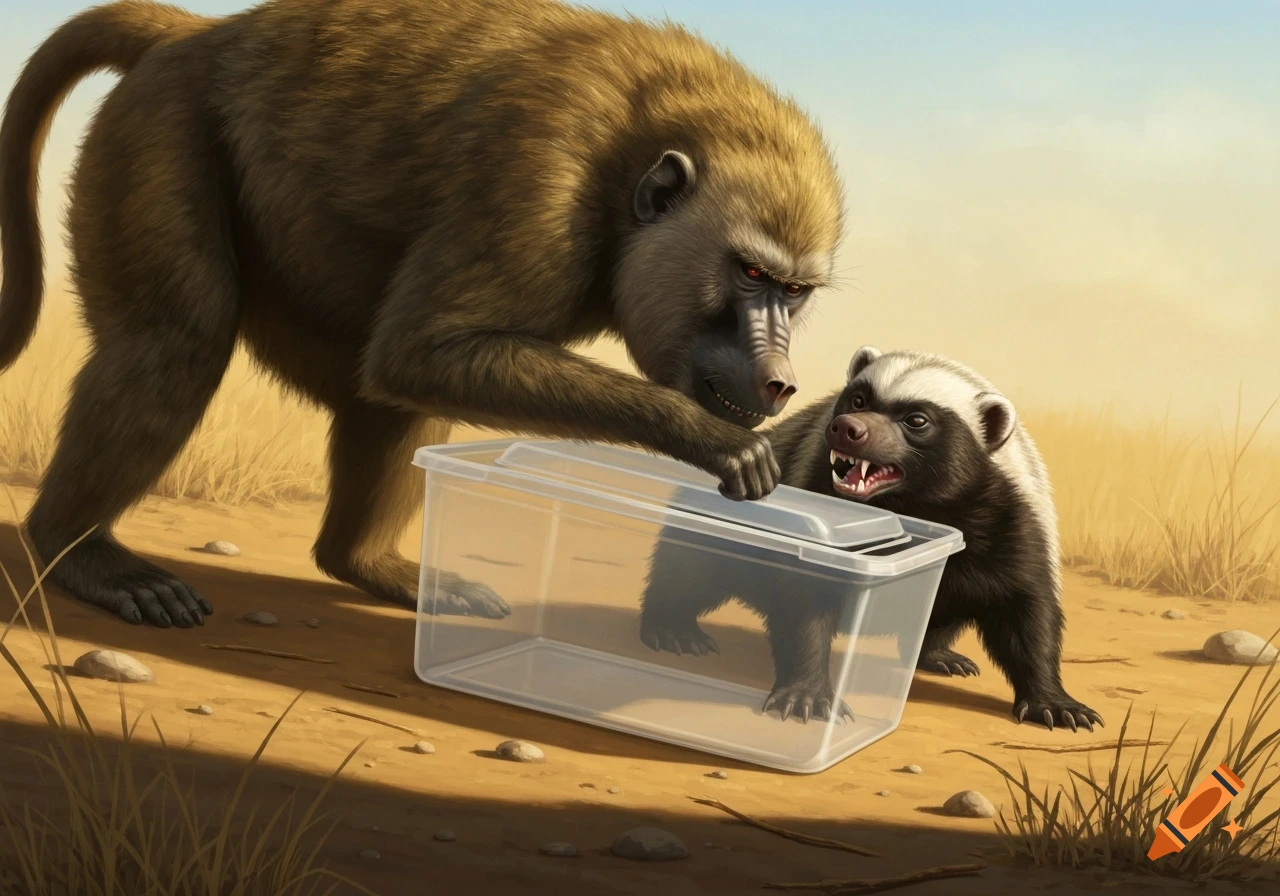 A large baboon attempts to open a clear plastic container, revealing a snarling honey badger inside a dry savanna setting.