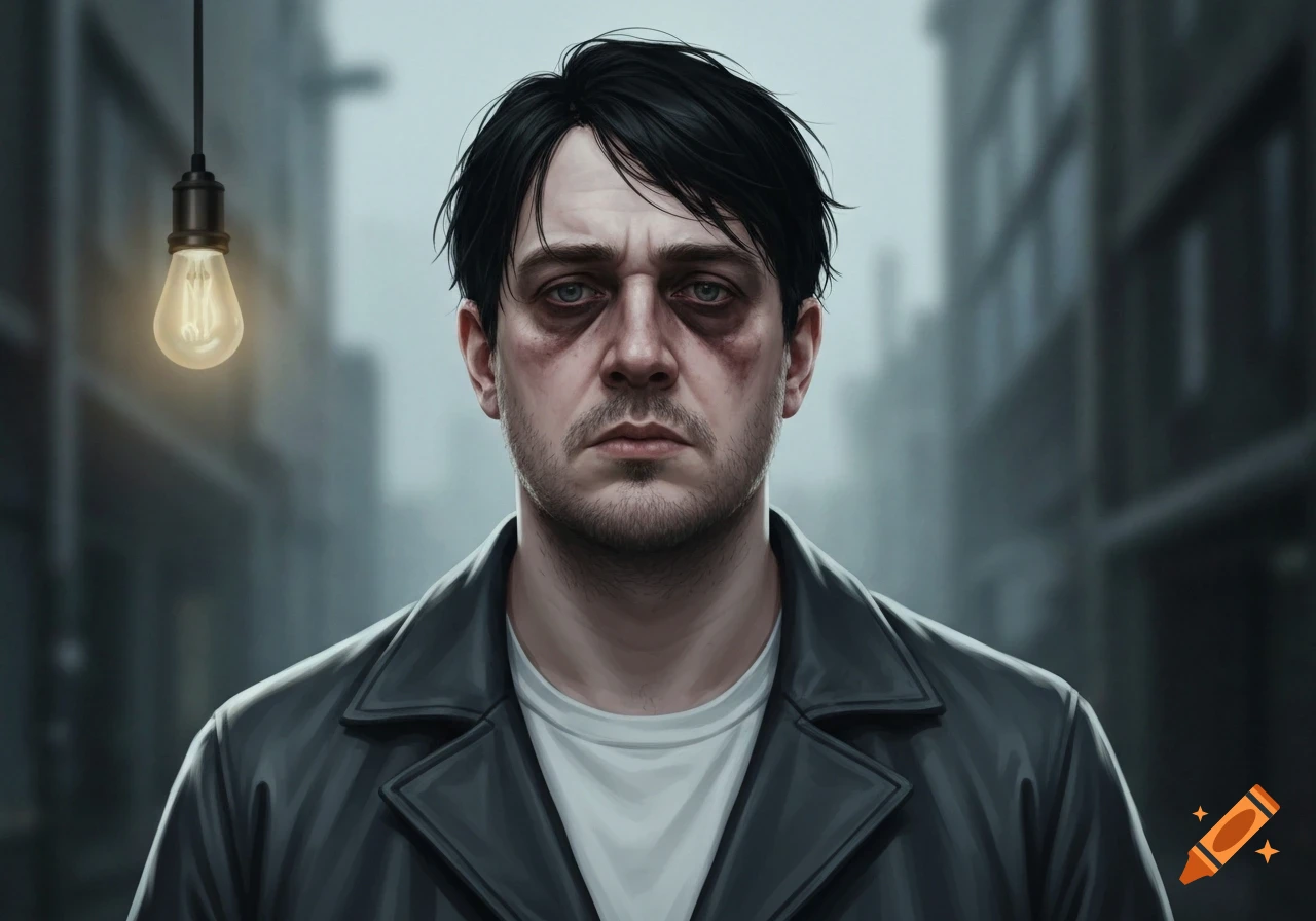 A tired-looking man with dark circles under his eyes, black hair, and stubble, wearing a black jacket, stands in a dark urban setting with a hanging lightbulb.