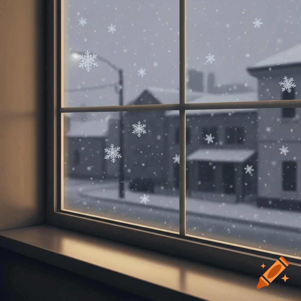 A close-up view from inside a window looking out at a snowy street with snowflakes falling and blurred buildings.