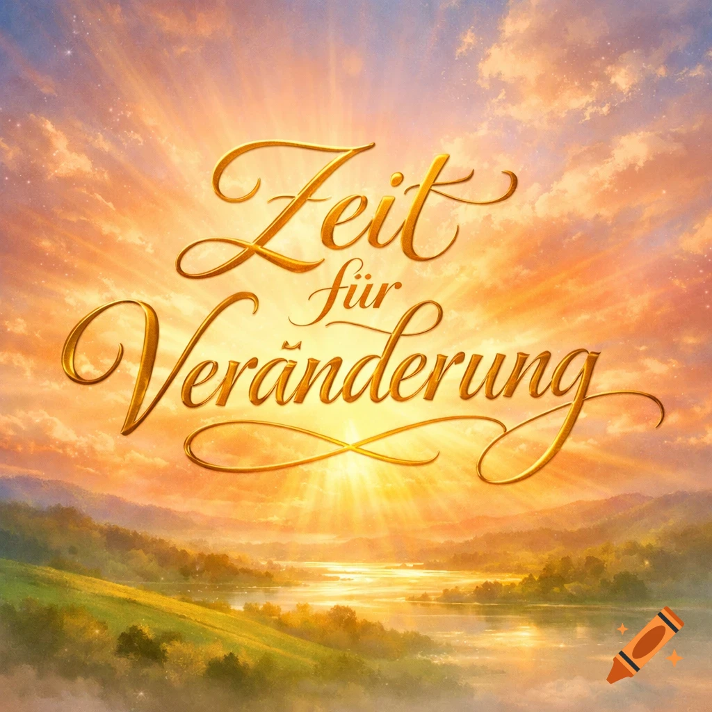 Golden 'Zeit f r Ver derung' (Time for Change) text over a vibrant sunrise landscape with hills and a reflective lake.