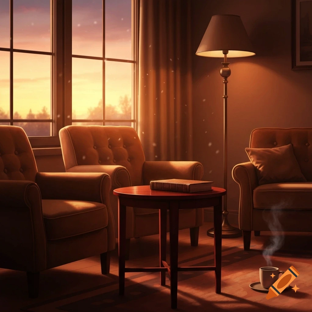 A cozy living room with armchairs, a table, and a floor lamp, bathed in warm sunset light filtering through a window.