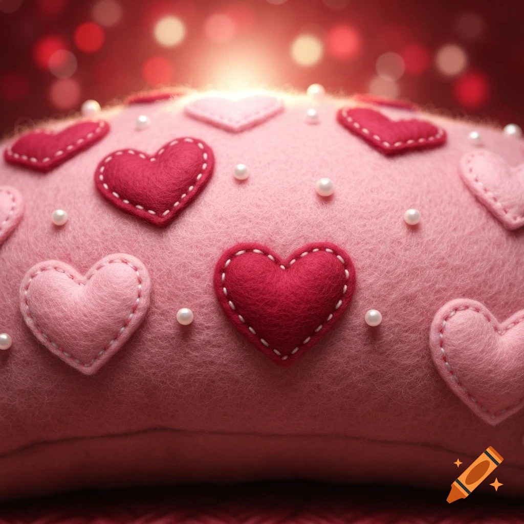A close-up of a pink felt pillow adorned with red and light pink felt hearts and white pearls, with a bokeh background.