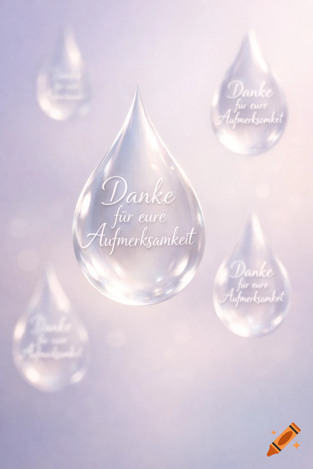 Multiple translucent water droplets float against a soft purple background, with the phrase 'Danke f r eure Aufmerksamkeit' visible on them.