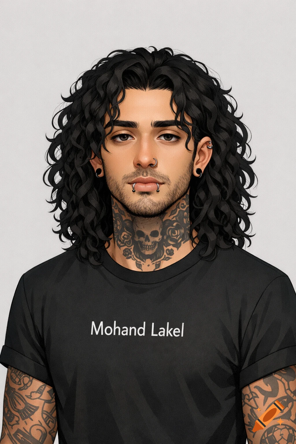 Stylized portrait of a man with long curly black hair, beard, piercings, and tattoos, wearing a black t-shirt with "Mohand Lakel".