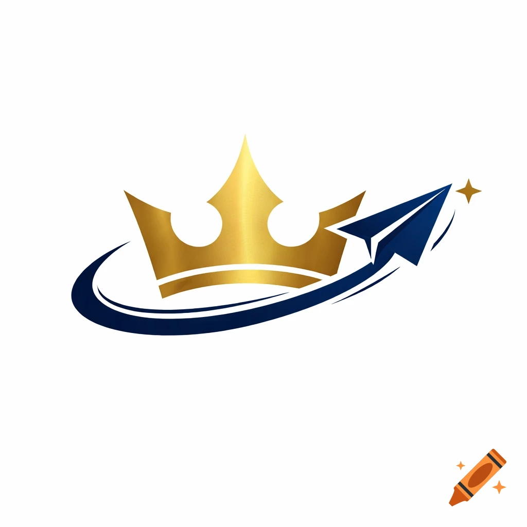 A minimalist logo featuring a golden crown and a blue paper plane flying upwards with a trailing swoosh and a star.