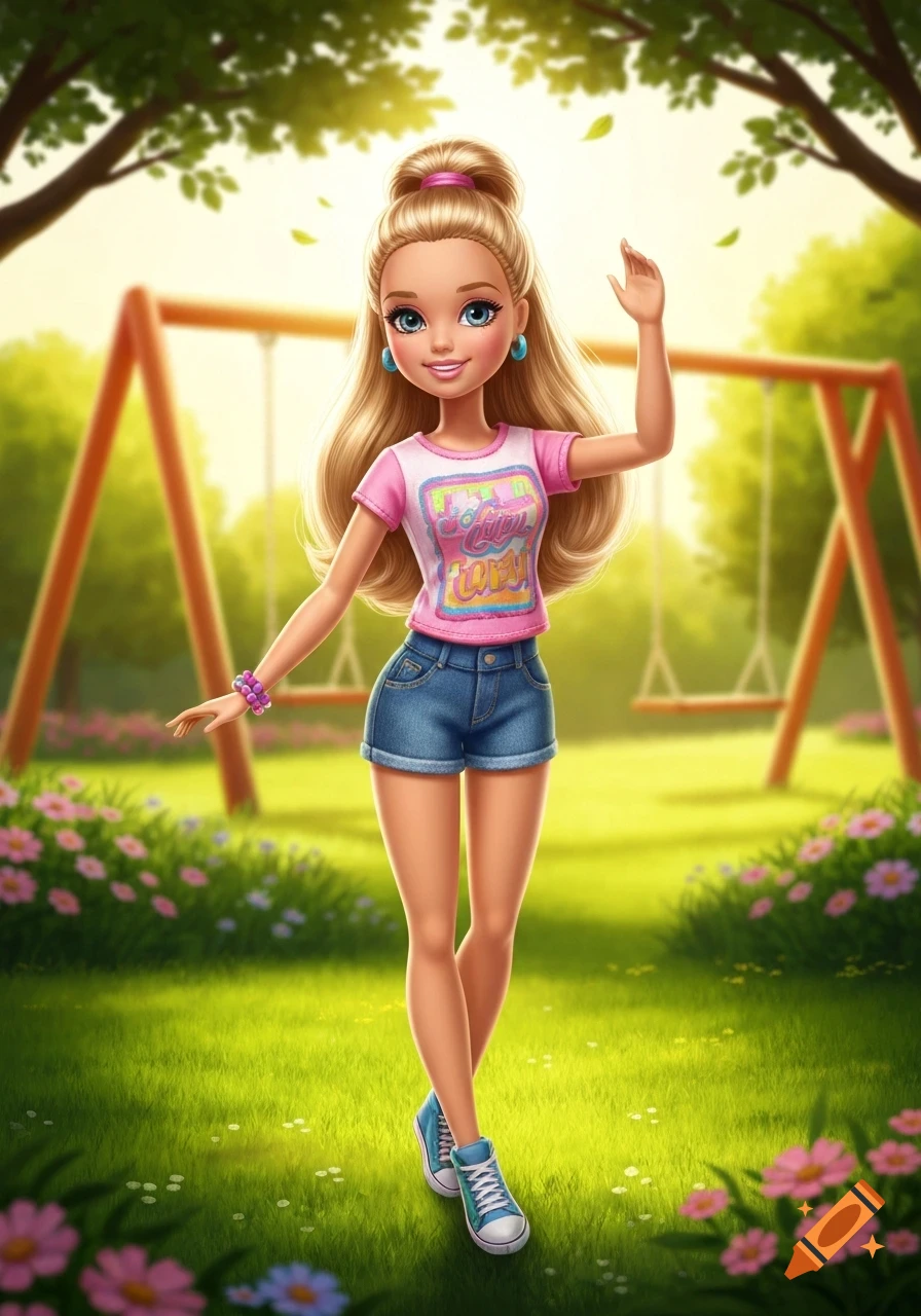 A stylized Barbie doll in a pink shirt and denim shorts stands in a sunny park with swings and flowers.