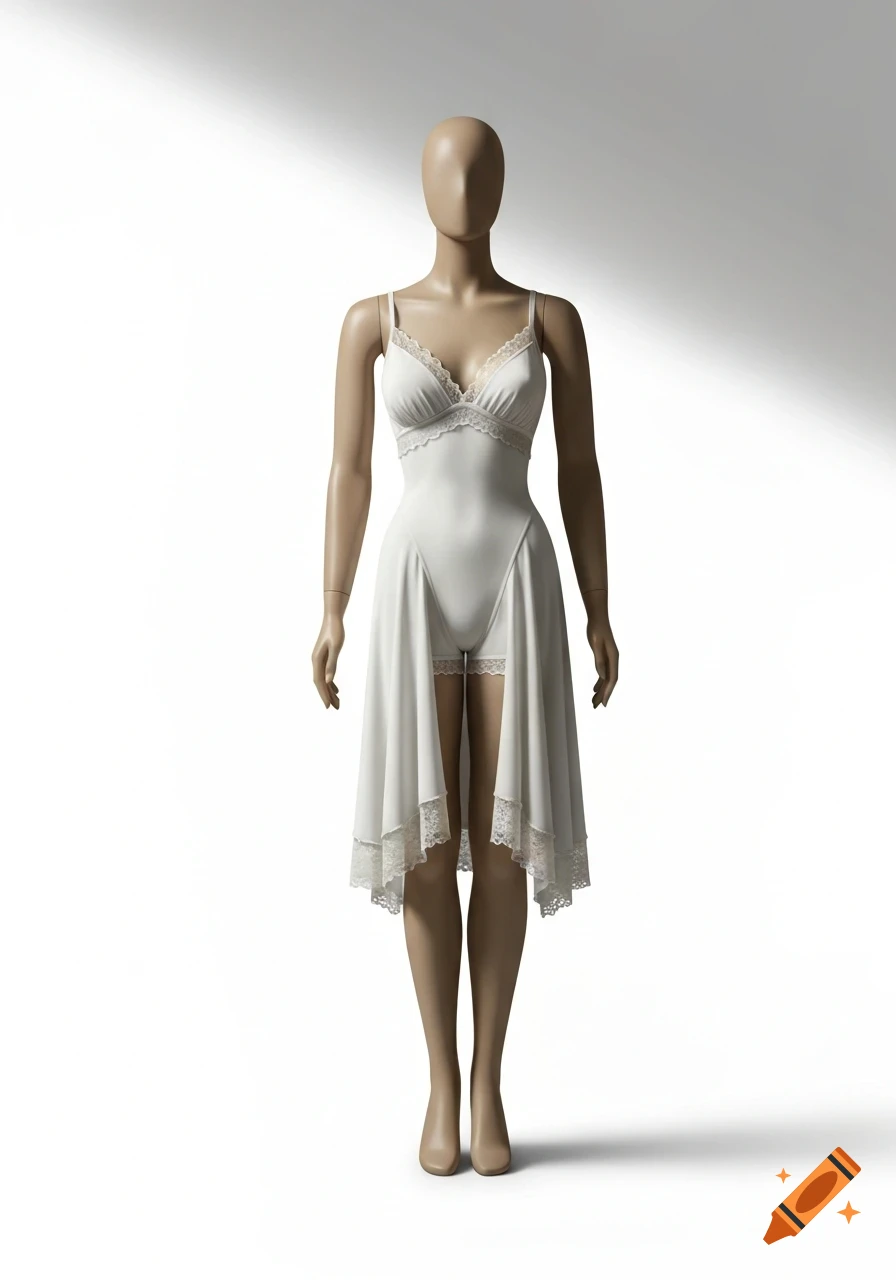 Photorealistic image of a mannequin wearing a white lace-trimmed slip dress on a white background.