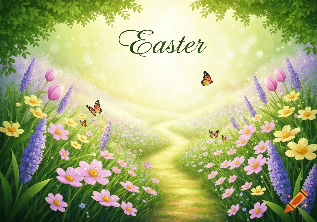 Bright illustration of a winding path through a sunny spring meadow with pink, yellow, and lavender flowers, butterflies, and the word Easter.