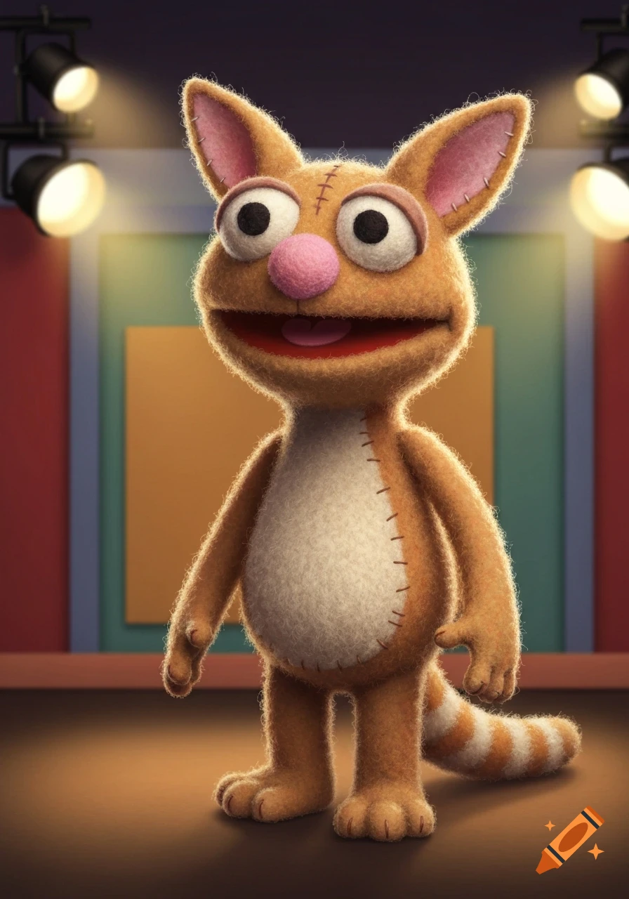 A brown and white felt puppet with a pink nose and large eyes, standing under spotlights on a stage.