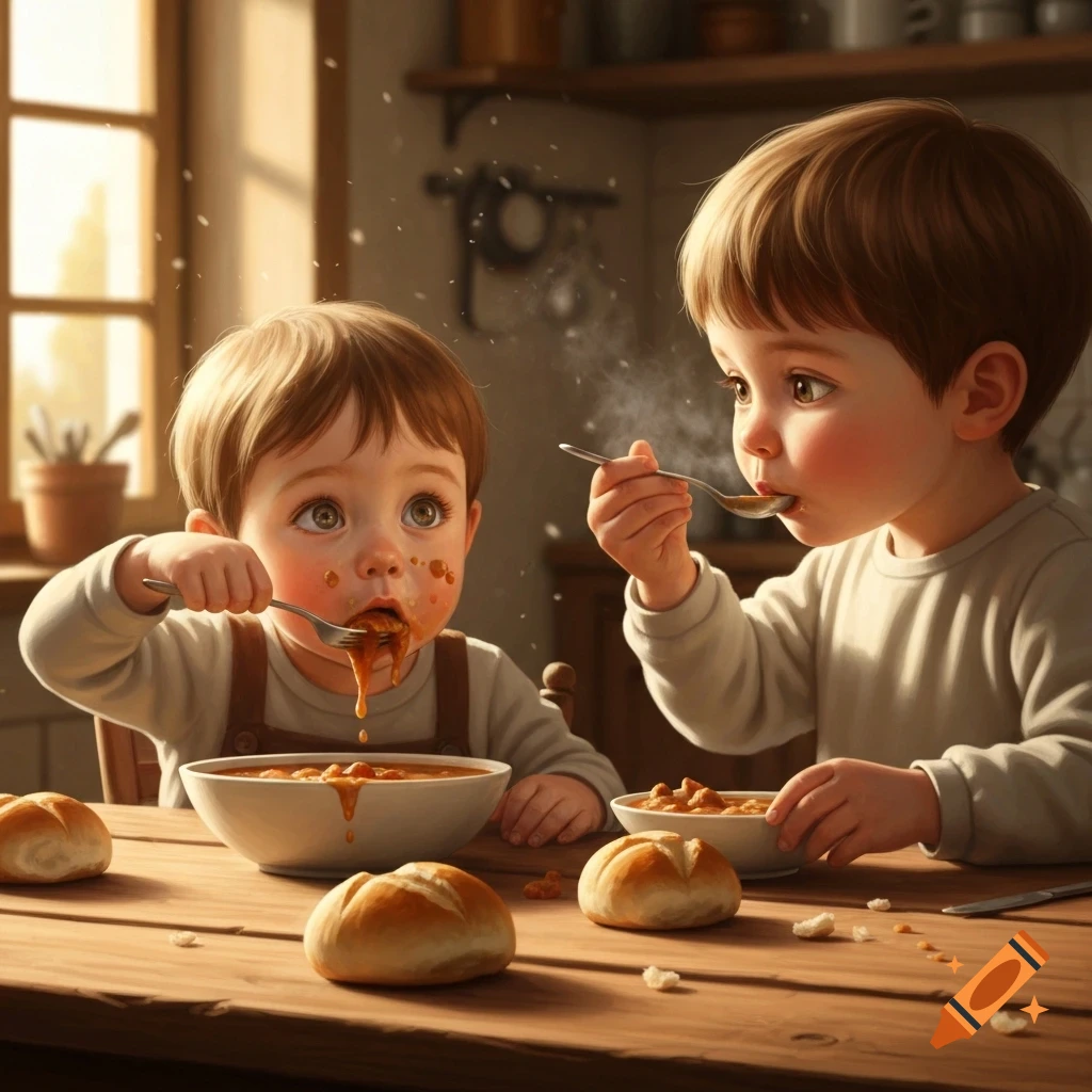 Two young children at a wooden table. One child messily eats soup with a fork, while the other neatly eats soup with a spoon, both in a warm kitchen.