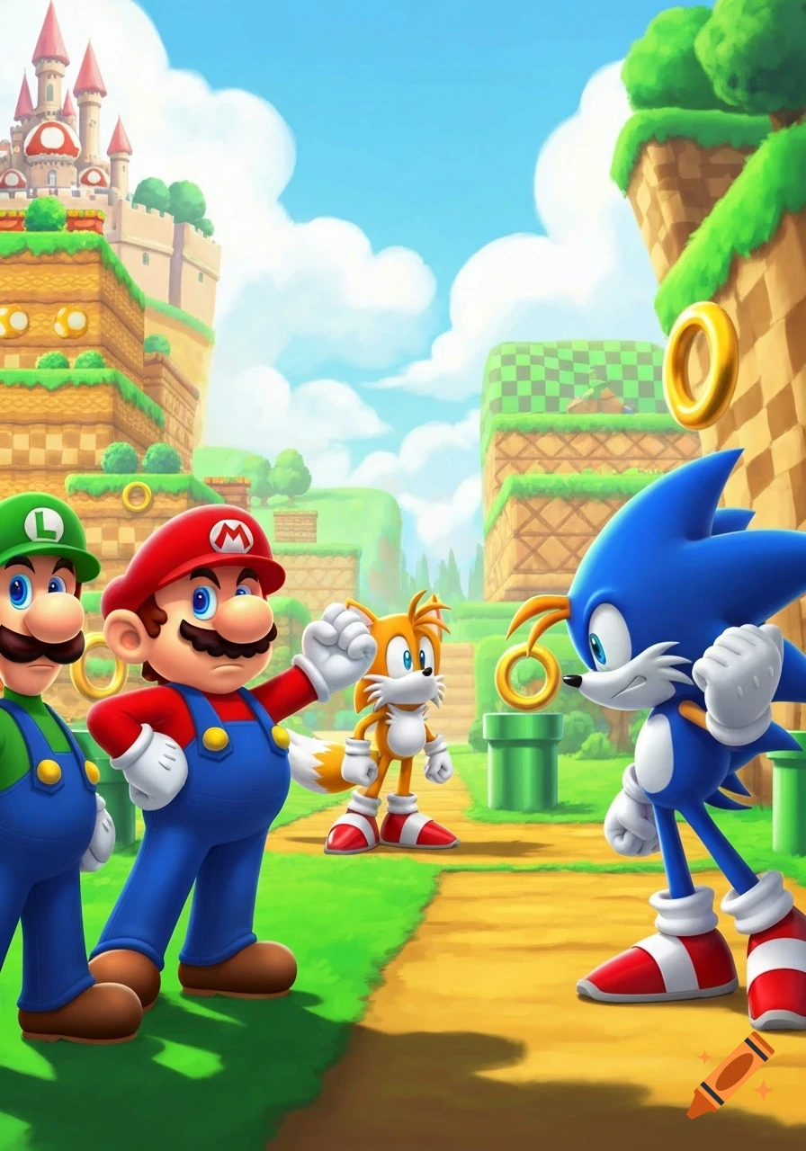 Mario and Luigi meet Sonic and Tails on a path in a vibrant, stylized video game world with a castle and rings.